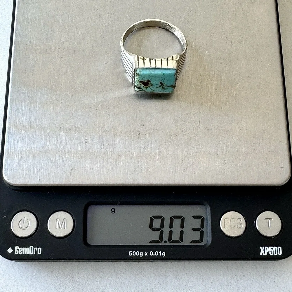 Navajo Turquoise Mens Ring Sz 13 Rectangle Signed Jack‎ Sterling 14mm Cracked